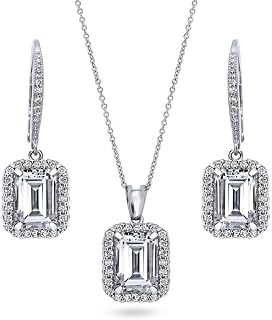 Juego de collar y pendientes de plata de ley con circonita cúbica de talla esmeralda y halo para mujer, chapado en rodio