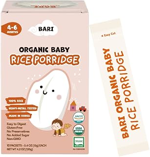 BARI Organic Rice Porridge Stage 1 (4-6 Months) - 100% Korean Organic Rice Baby Cereal, Heavy Metal Tested, Gluten-Free, 4.2oz 10-Pack