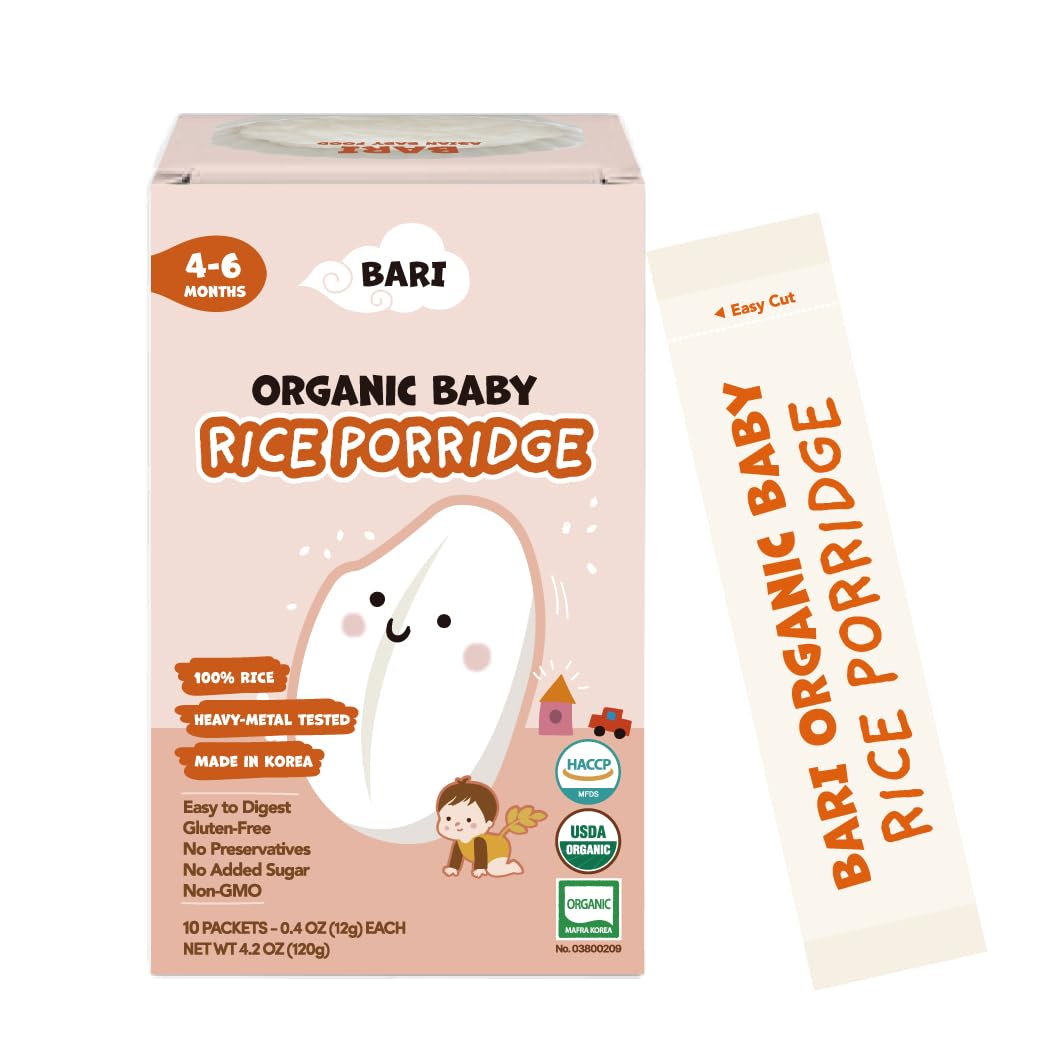 BARI Organic Rice Porridge Stage 1 (4-6 Months) - 100% Korean Organic Rice Baby Cereal, Heavy Metal Tested, Gluten-Free, 4.2oz 10-Pack