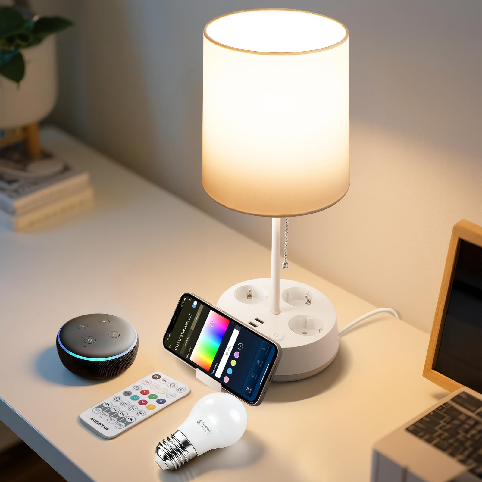Aigostar- Lamparas de Mesita de Noche Inteligente Compatible con Alexa, Lámparas de Mesa Tela, 2700K-6500K y RGB Regulable, con 3 Enchufes (Type F), 3 Puerto de Carga Rápida, Mando a Distancia,Blanco