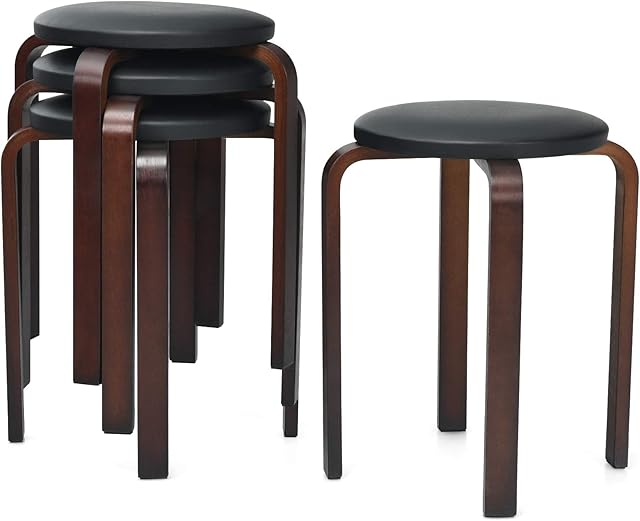 COSTWAY Set of 4 Stacking Wooden Stools, Upholstered Round Bar Stool with Non-Slip Foot Mat, Breakfast Dining Chair for Home Kitchen Office (with Cushioned Seat, Black + Brown)