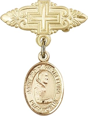 14kt Yellow Gold Baby Badge with St. Pio of Pietrelcina Charm and Badge Pin with Cross 1 X 3/4 inches