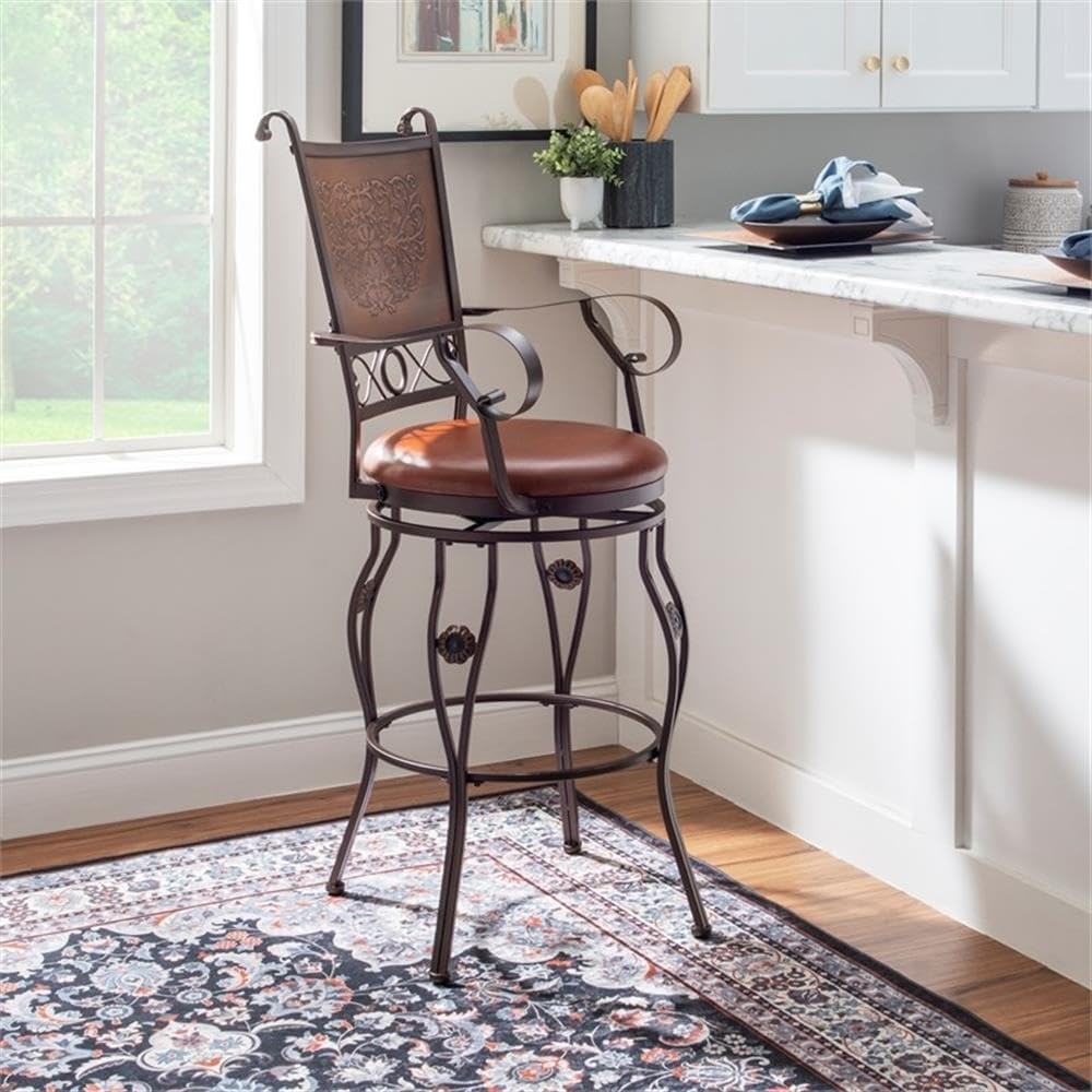 BOWERY HILL 30" Swivel Bar Stool, Metal Frame, Bronze Finish, Faux Leather Cushioned Seat, 400 lb. Weight Capacity, Stamped Back and Curved Arms, Bar Height Seating for Kitchen Island or Counter