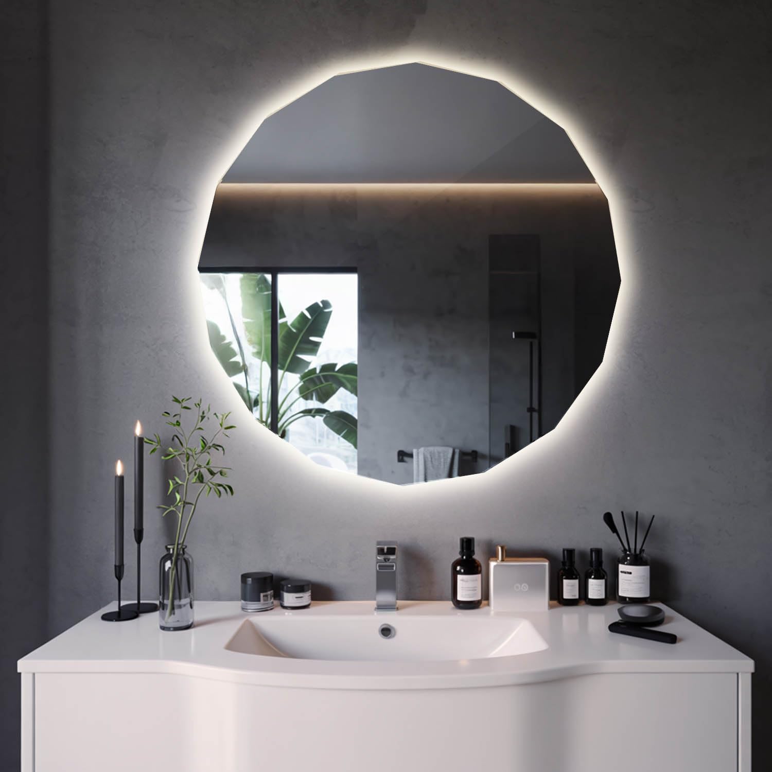 Generisch Wandspiegel Mit Licht 80x80 Polygonaler Badezimmerspiegel Rahmenlos Beleuchtung LED für Bad Wohnzimmer Schlafzimmer Flur Moderne Spiegel für Zuhause oder Büro Einzigartiger Form