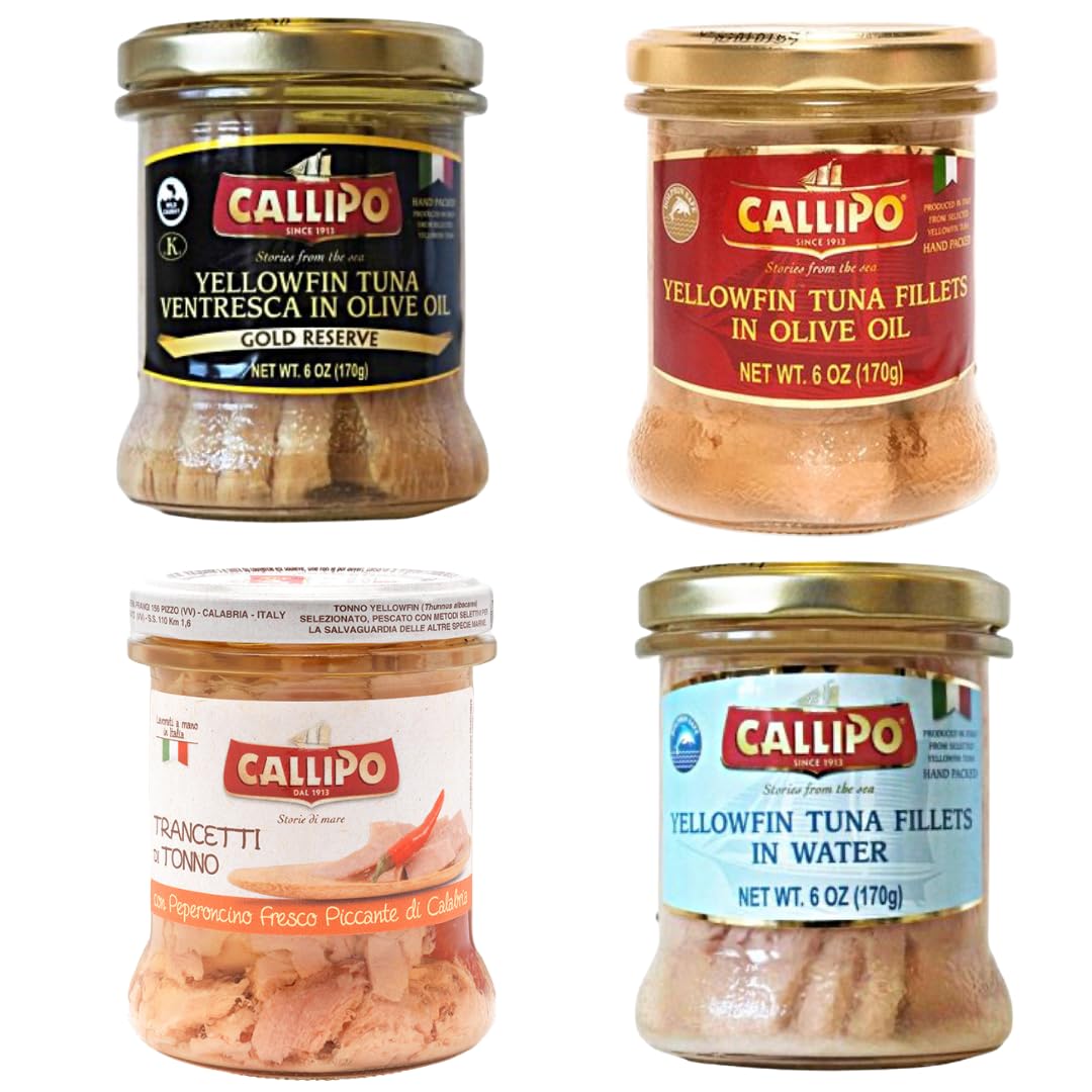 Callipo Selection Tuna Fillets In Olive Oil & Water - 6oz (170g) Glass Jar - Pack of 4