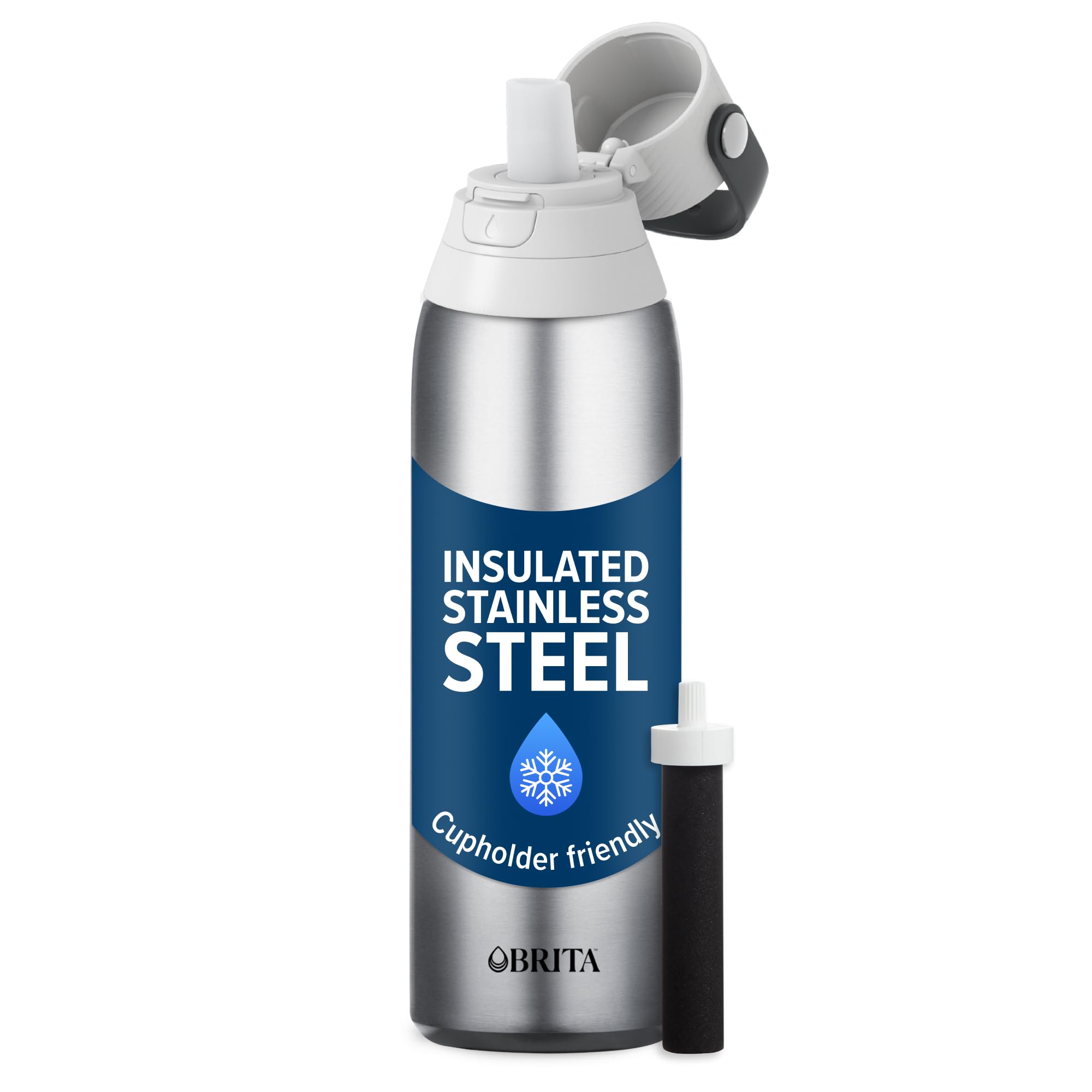 Brita Stainless Steel Premium Filtering Water Bottle, BPA-Free, Reusable, Insulated, Replaces 300 Plastic Water Bottles, Filter Lasts 2 Months or 40 Gallons, Includes 1 Filter, Stainless - 20 oz.