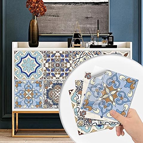 HORIWE Blue Moroccan Style Tile Stickers Vintage Wall Decal Sticker Adhesive Tile Art DIY Kitchen Bathroom Backsplash Floor Home Decor PVC Waterproof Oil Proof New 6x6 Inches 20PC Cover