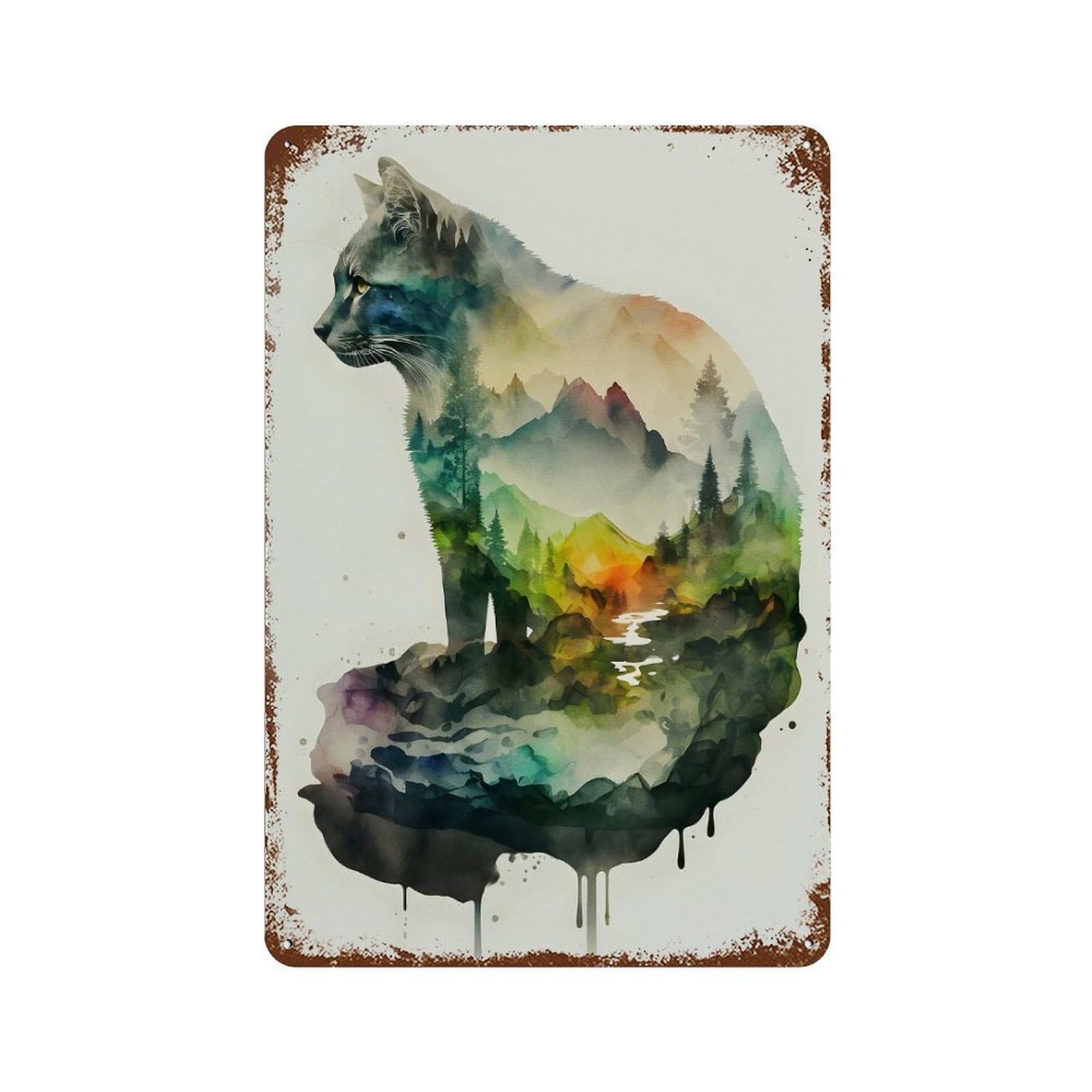 Cat Nature Watercolors Vintage Rust Metal Sign 11.8"x7.9", Shabby Chic Decor for Living Room, Hallway And Home Decor