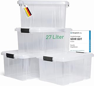 Novaliv 4 x Storage Boxes with Lid, 27 L, Transparent, Nestable, Stackable Storage Boxes with Clip Closure, Plastic Box, BPA-Free, 46.5 x 36.5 x 24 cm