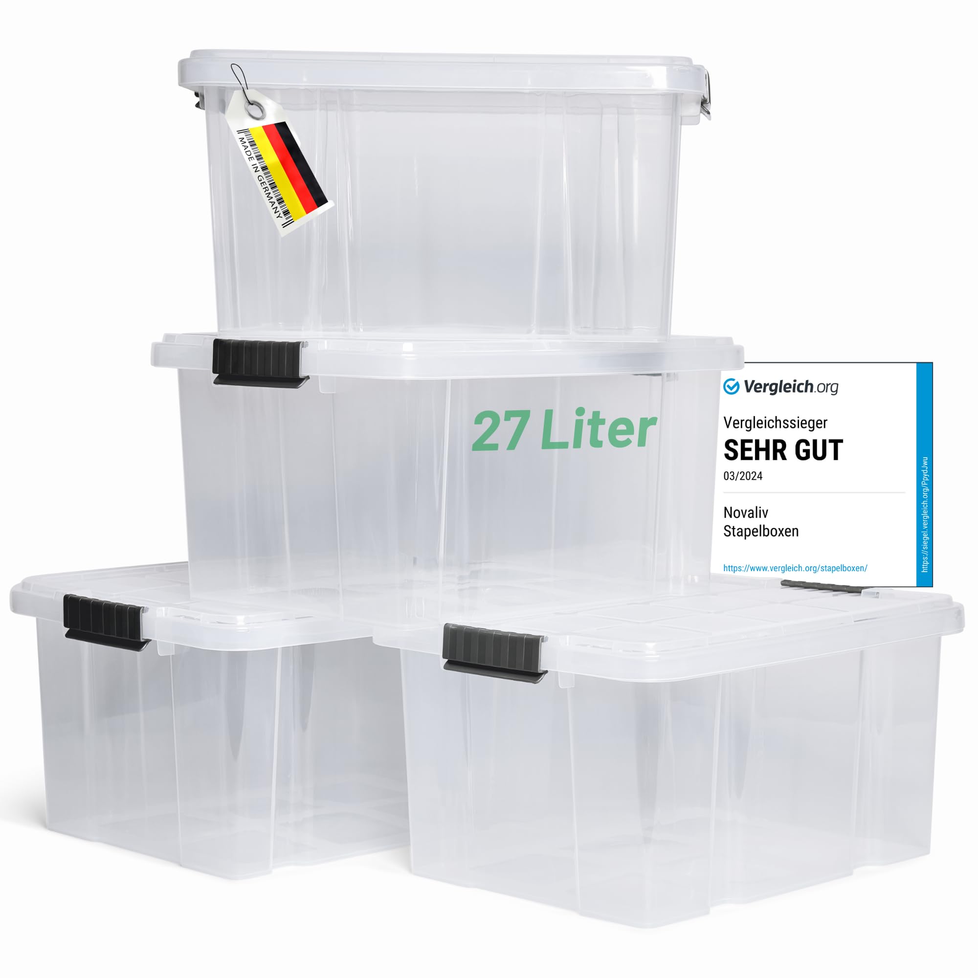 Novaliv 4 cajas de almacenamiento con tapa, 27 L, transparentes, apilables, con cierre de clip, caja de plástico, sin BPA, 46,5 x 36,5 x 24 cm