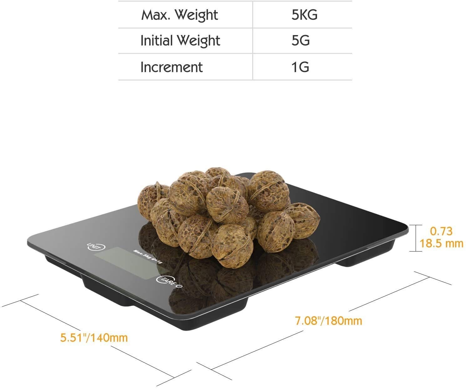 Báscula de Cocina Digital, báscula de Alimentos de Vidrio Templado, báscula de Cocina electrónica de Alta precisión de 11 LB 5 kg con Pantalla LCD, 4 Unidades y función de Tara - Negro