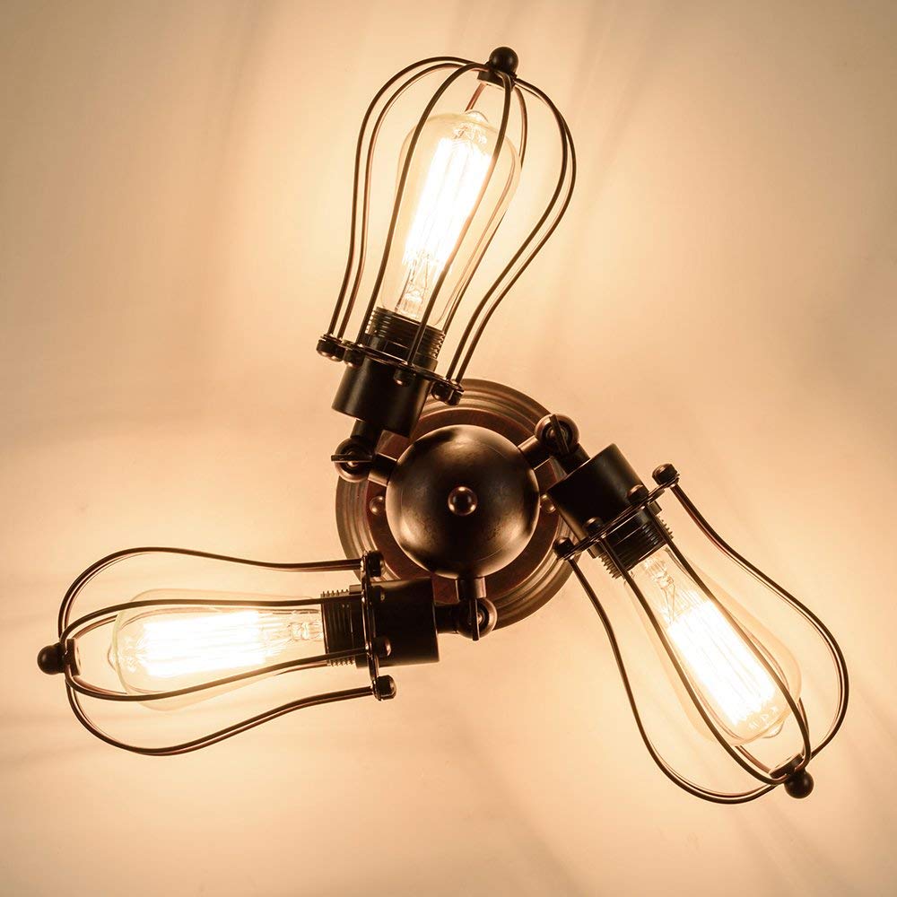 Vintage - Lampada da soffitto industriale a portalampada regolabile in metallo con attacco metallico a montaggio semi-incassato, plafoniera rustica in metallo (senza lampadina) (con 3 lampadine)