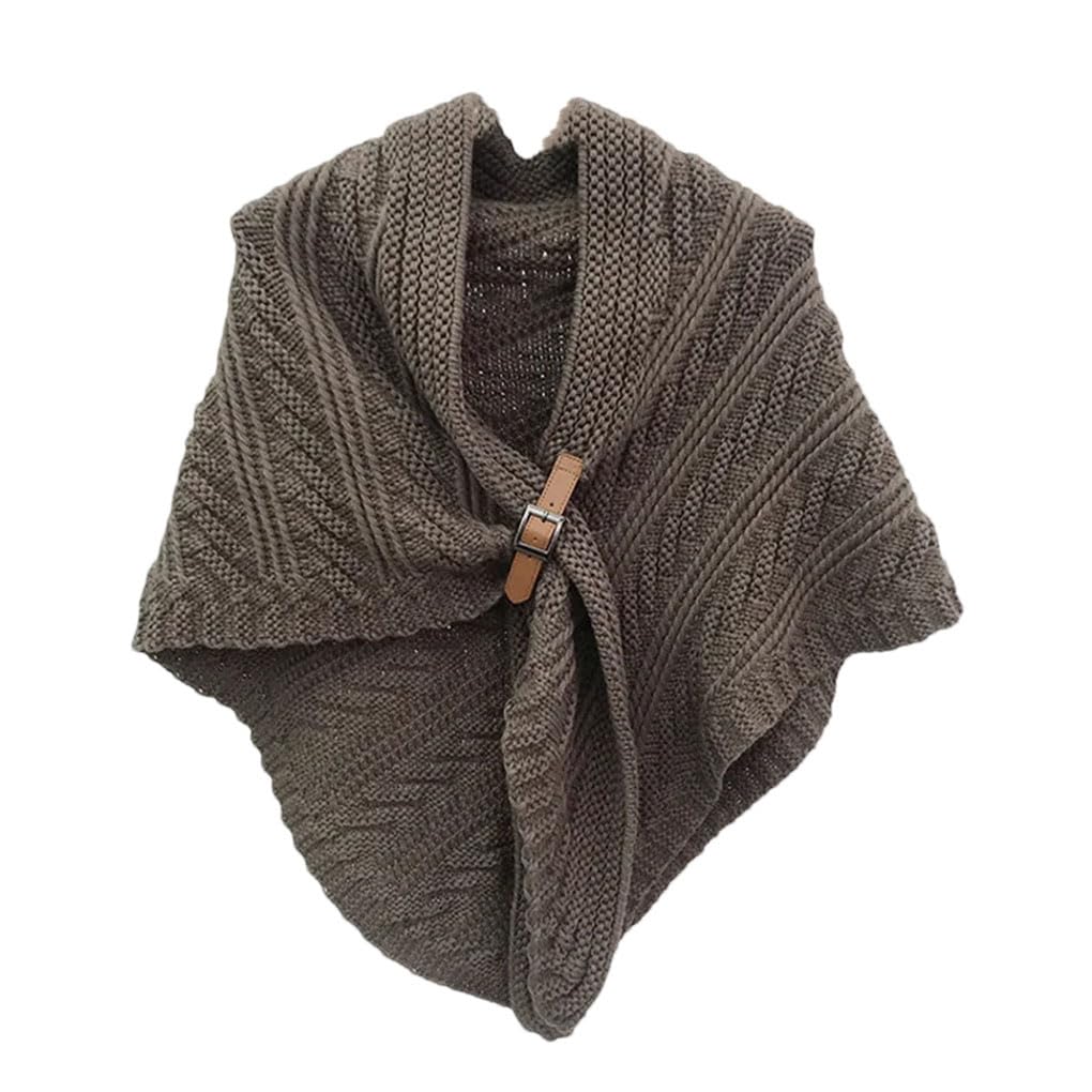 keusyoiLarge Solid Triangle Scarf Ponchos Women Winter Knitted Capes Office Warm Shawl Wraps Belt-Lock Shrug Scarves