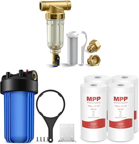 SimPure Filtro de sedimento giratorio de 40 micrones (1 juego), carcasa de filtro de agua para toda la casa (1 juego) y cartucho de repuesto de