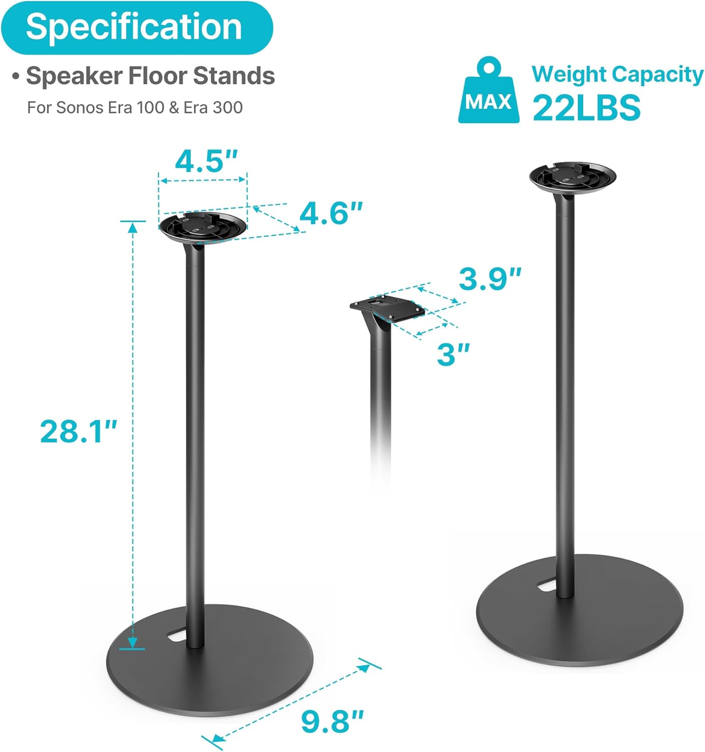 Speaker Stands Pair Compatible with Sonos Era 100 and Era 300, 22 LBS Capacity,28.1" Fixed Height,Metal Base, Bookshelf Speaker Stands for Sonos Era Speakers, 1 Pair, Black - Image 8