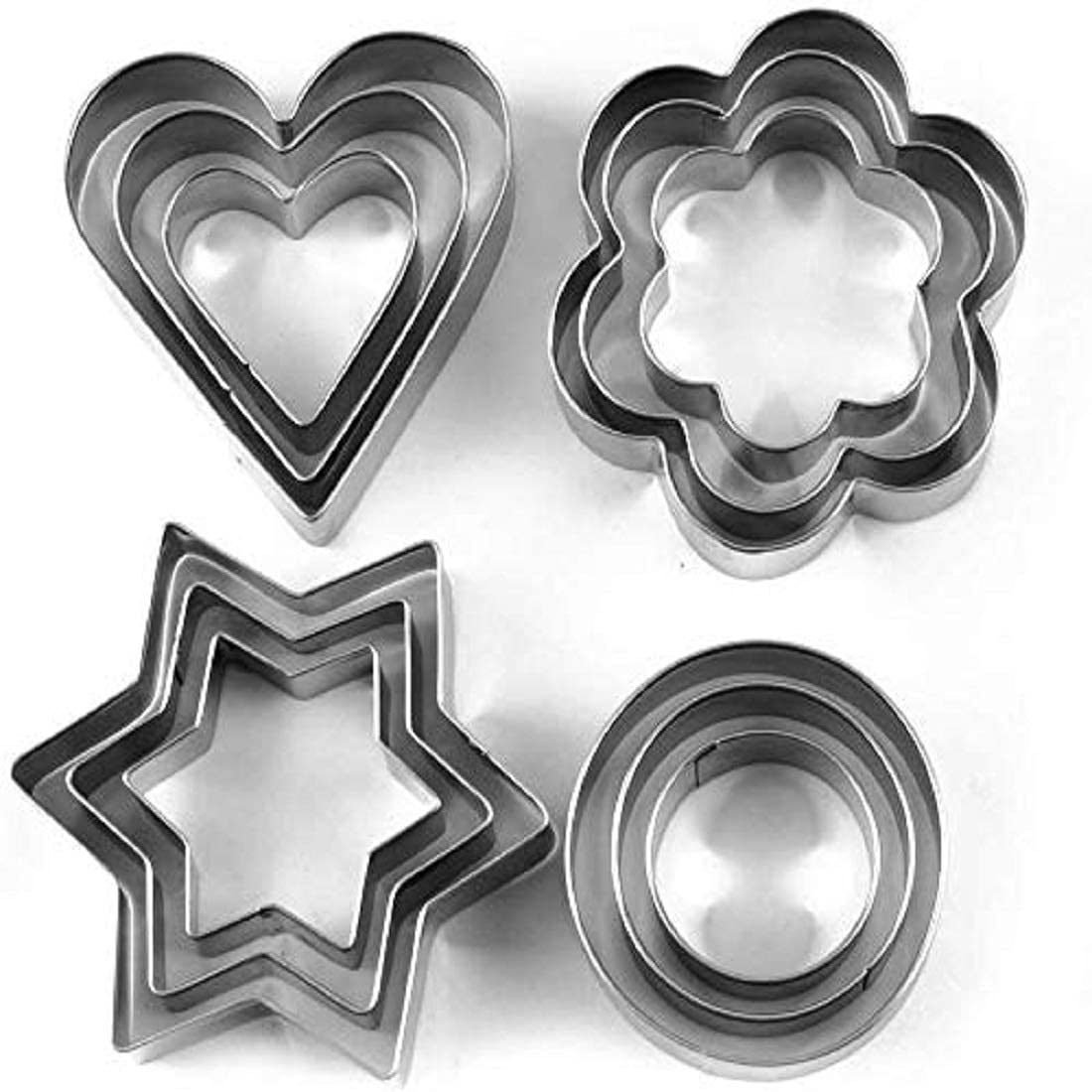 LAGET® Cookie Cutter Stainless Steel Cookie Cutter with 4 Shape 3 Sizes Heart Round Star and Flower, (Pack of 12, Silver)