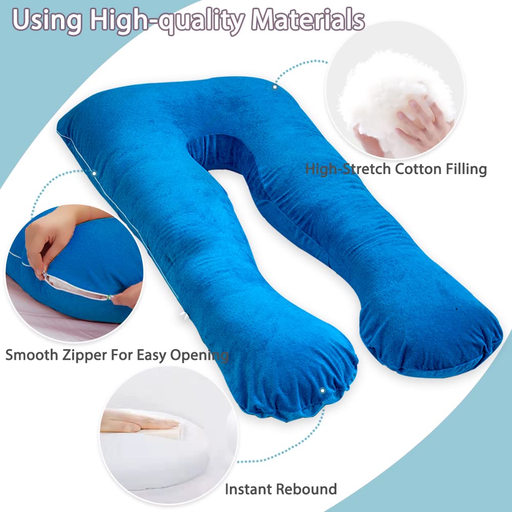 AS AWESLING Cuscino per gravidanza, a forma di U, cuscino per allattamento, supporto e maternità per donne incinte con rivestimento in velluto rimovibile (blu)