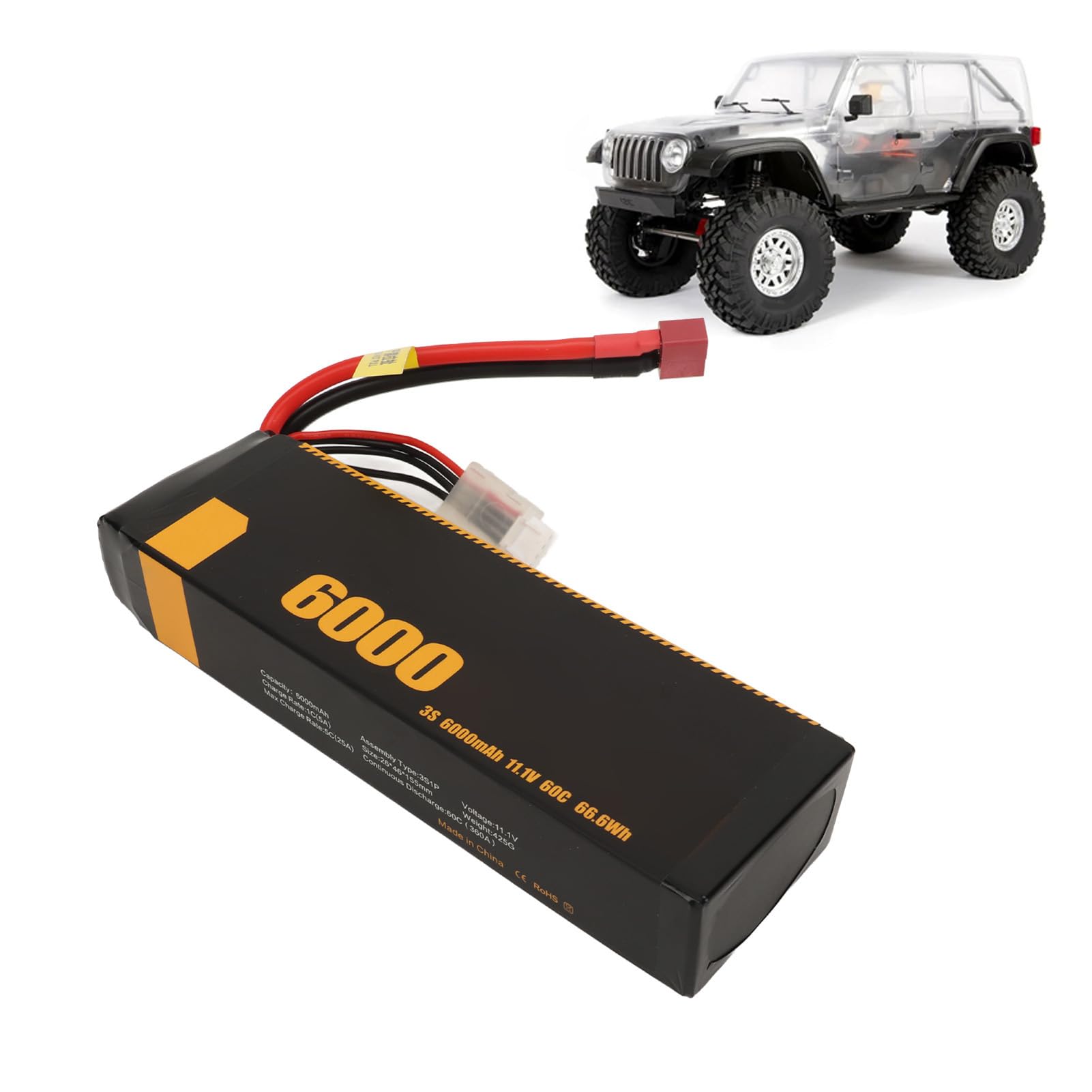 Batteria Lipo 3S 6000mAh Ad Alta capacità per Modelli FS 1/10 1/8 RC Resistente Agli Urti Lunga Durata (Spina a T)