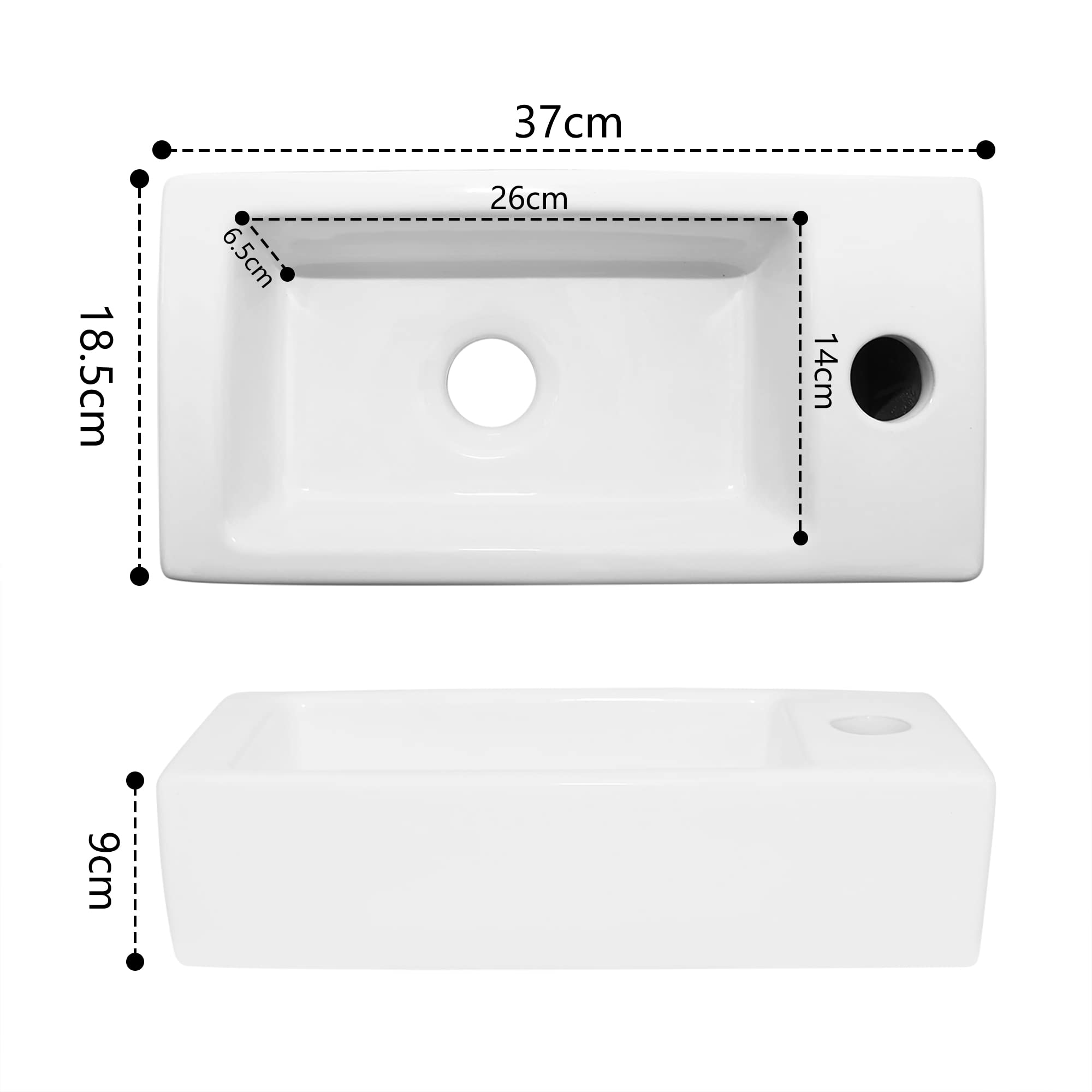 OUUTMEE A parete Lavandino da appoggio piccolo, 370 x 185 x 90mm, lavabo da parete o da appoggio per WC per gli ospiti | Lavandino piccolo mini, mini lavabo destro