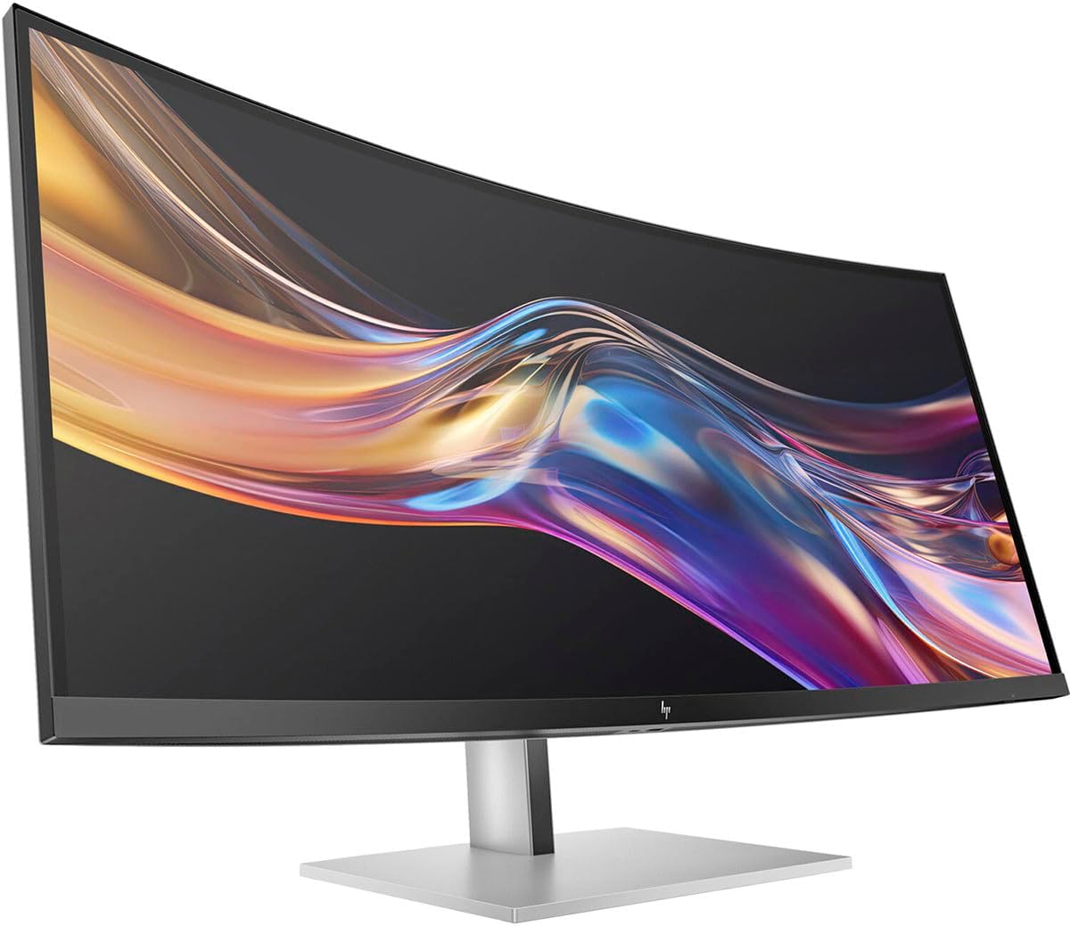 Angled front view of the HP 738PU monitor, highlighting its curved screen