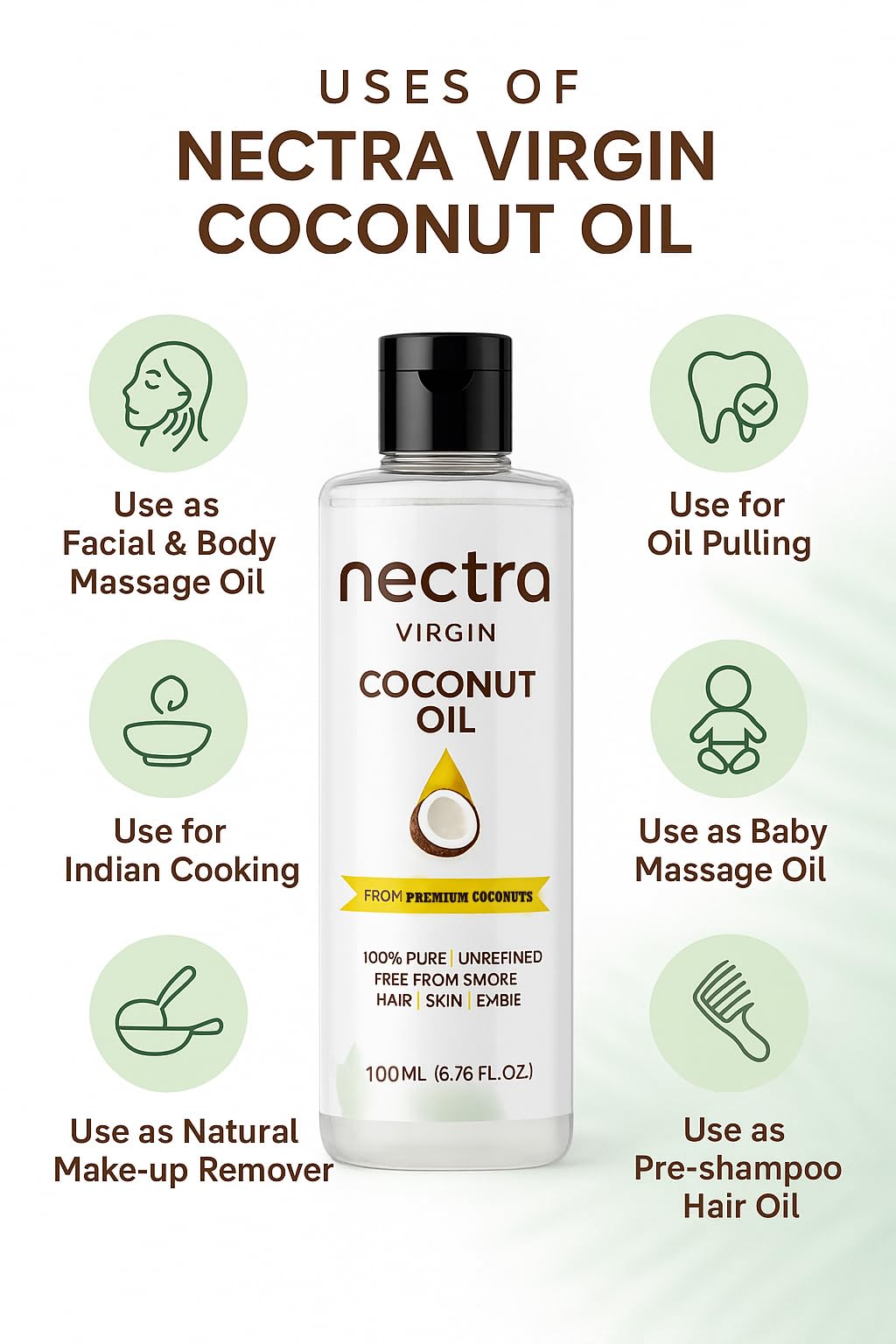 NECTRA Virgin Coconut Oil 100ml | Cold Pressed, 100% Natural | For Hair Growth, Skin Care & Baby Massage | Multipurpose Edible Coconut Oil 3