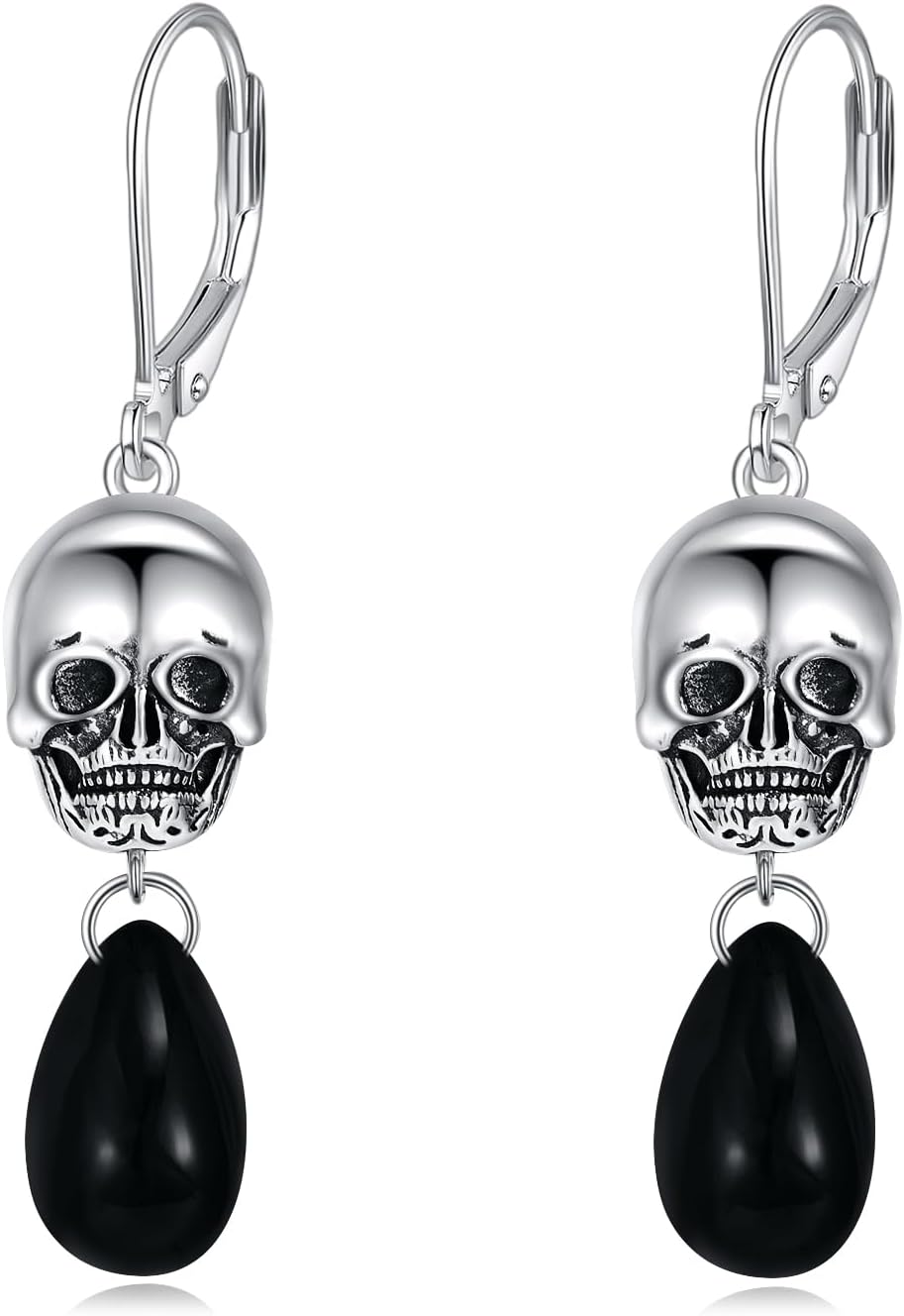 KZX Skull Earrings 925 Sterling Silver Obsidian Earrings Skull Dangle Earrings Mystery Jewelry Gifts for Women