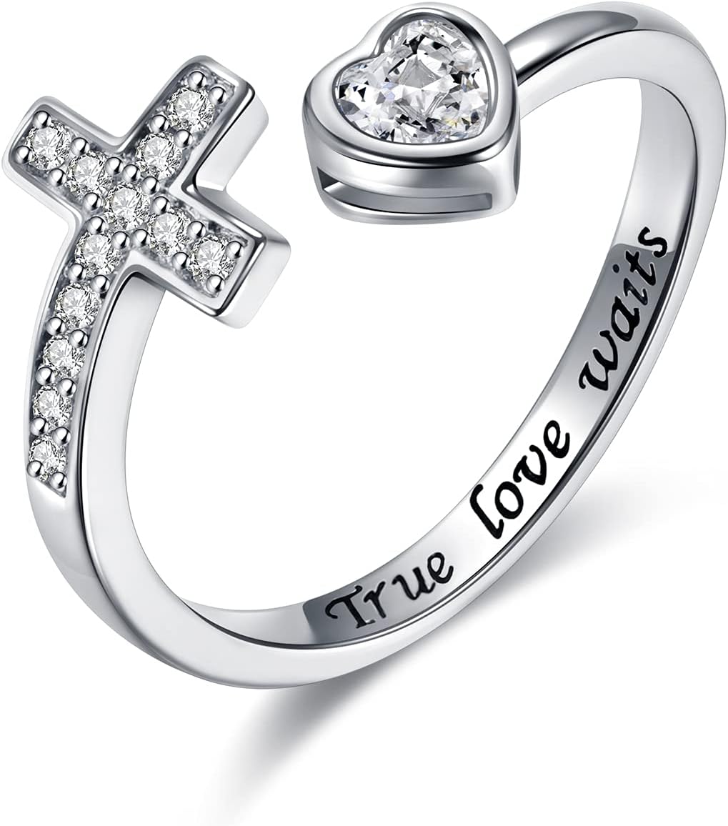 925 Sterling Silver Cross Ring - True Love Wait Purity Ring Cubic Zirconia Adjustable Ring Jewelry Gift for Women
