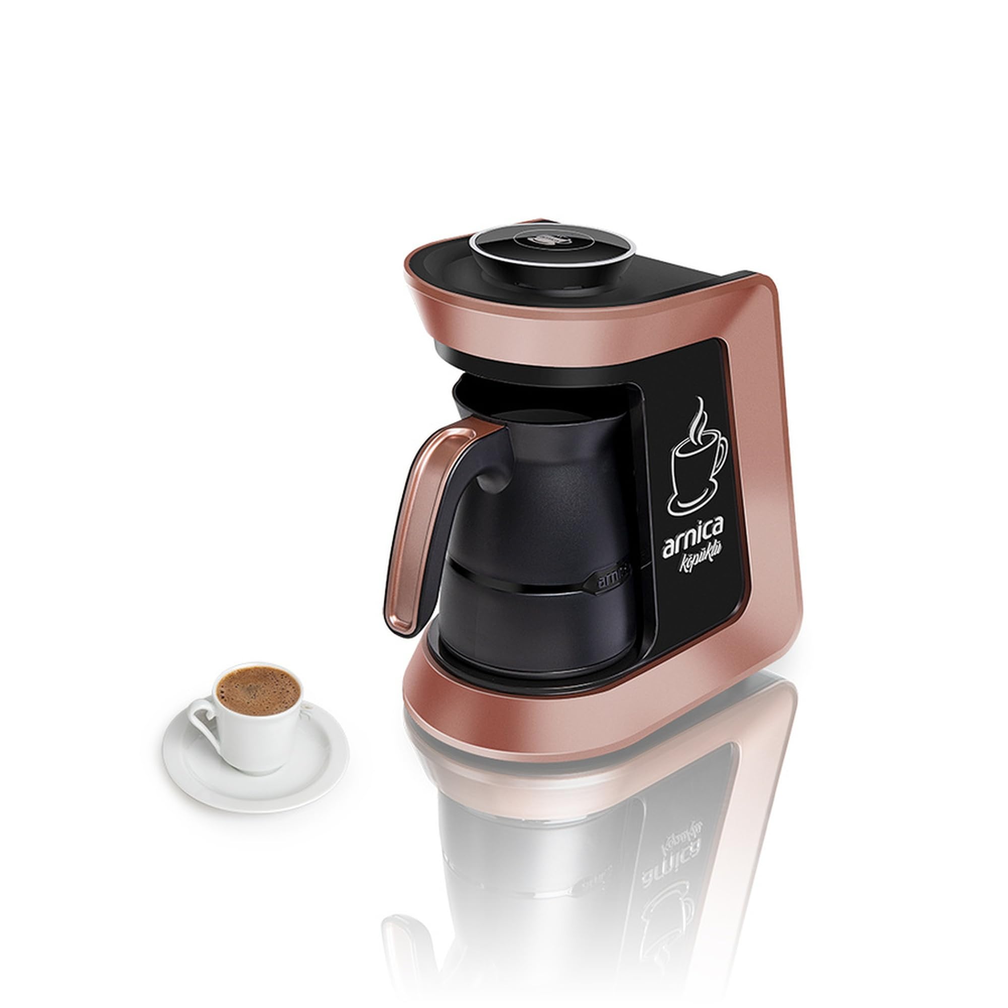 arnica Köpüklü - Türkische Mokka Kaffeemaschine Rose - 650W Edelstahl Kaffeekocher für Türkischen Kaffee - 4 Tassen 300ml - Überlaufschutz Ein-Klick-Bedienung