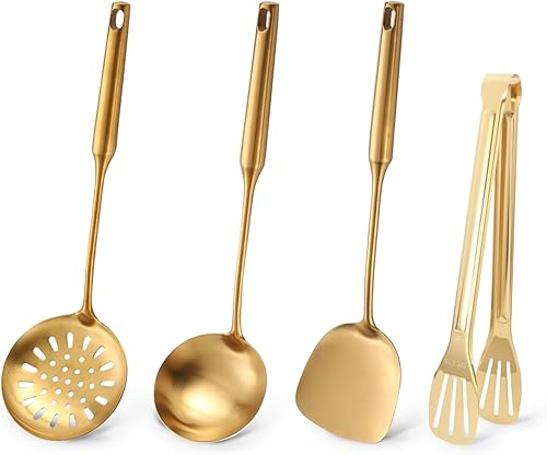 Espátula y cucharón de silicona, espátula y cucharón, espátula de cocina, juego de 4 piezas, mango de silicona y acero inoxidable, utensilios de