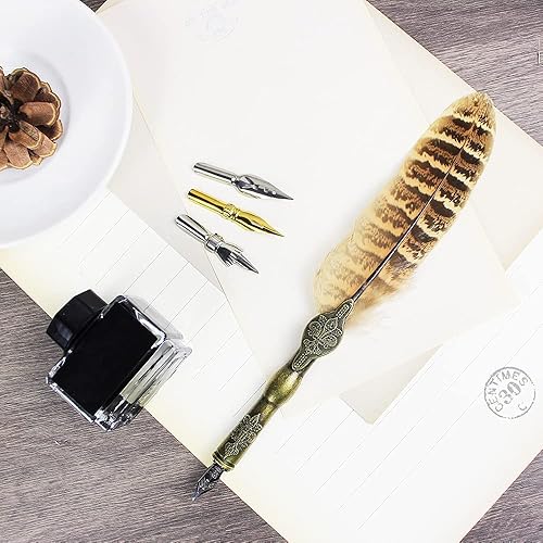Miniatura 2 de Juego de bolígrafo vintage y tinta hecho a mano con tallos tallados y plumas, caligrafía inglesa con tinta y 3 puntas, juego de caligrafía para