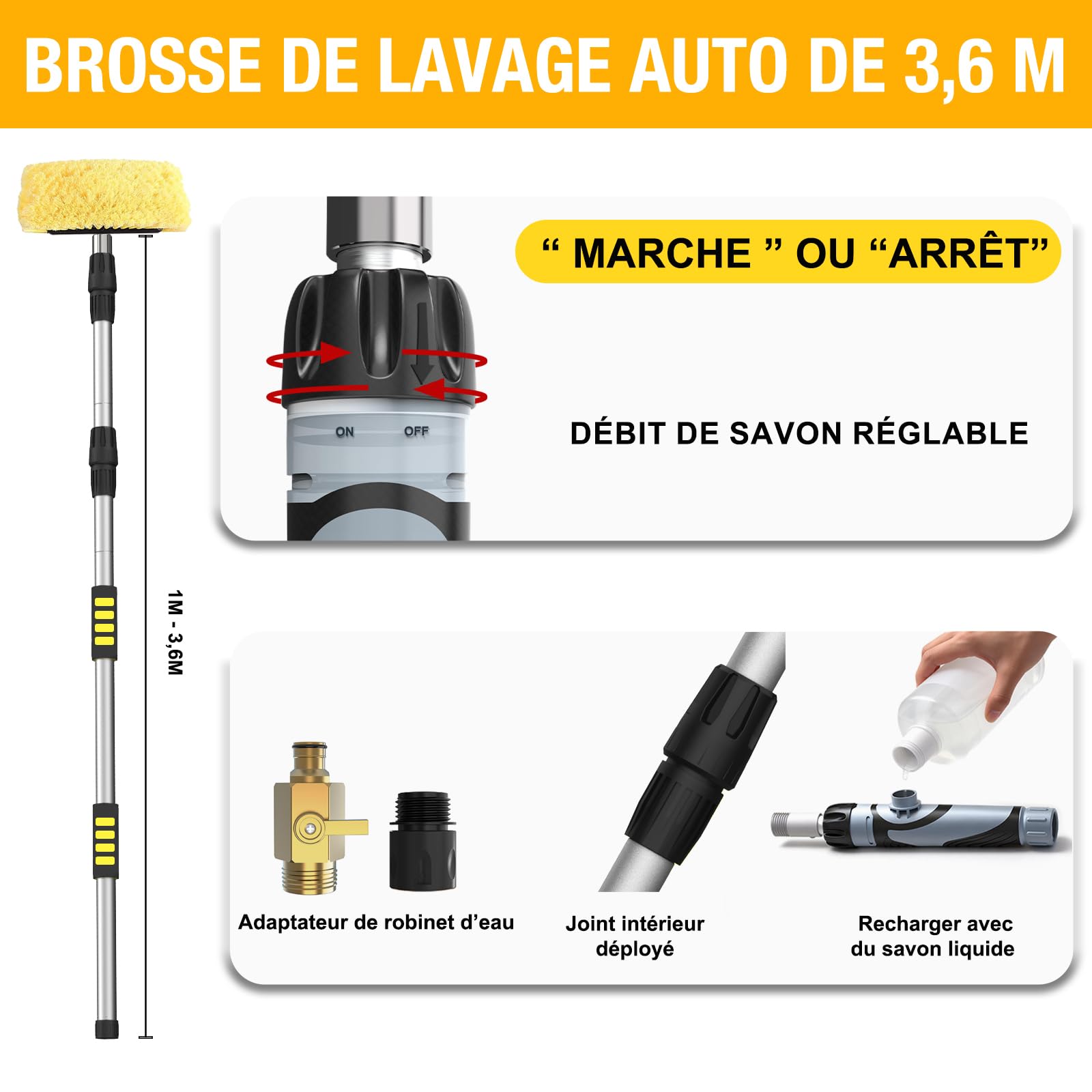 LAANPOLE Brosse Lavage Voiture 3,6m, Brosse Nettoyage Voiture avec Poils Doux 30cm Et Distributeur De Savon, Balai Nettoyage Voiture avec Perche Télescopique pour Camping-Car, Camion, Bateau, Jaune