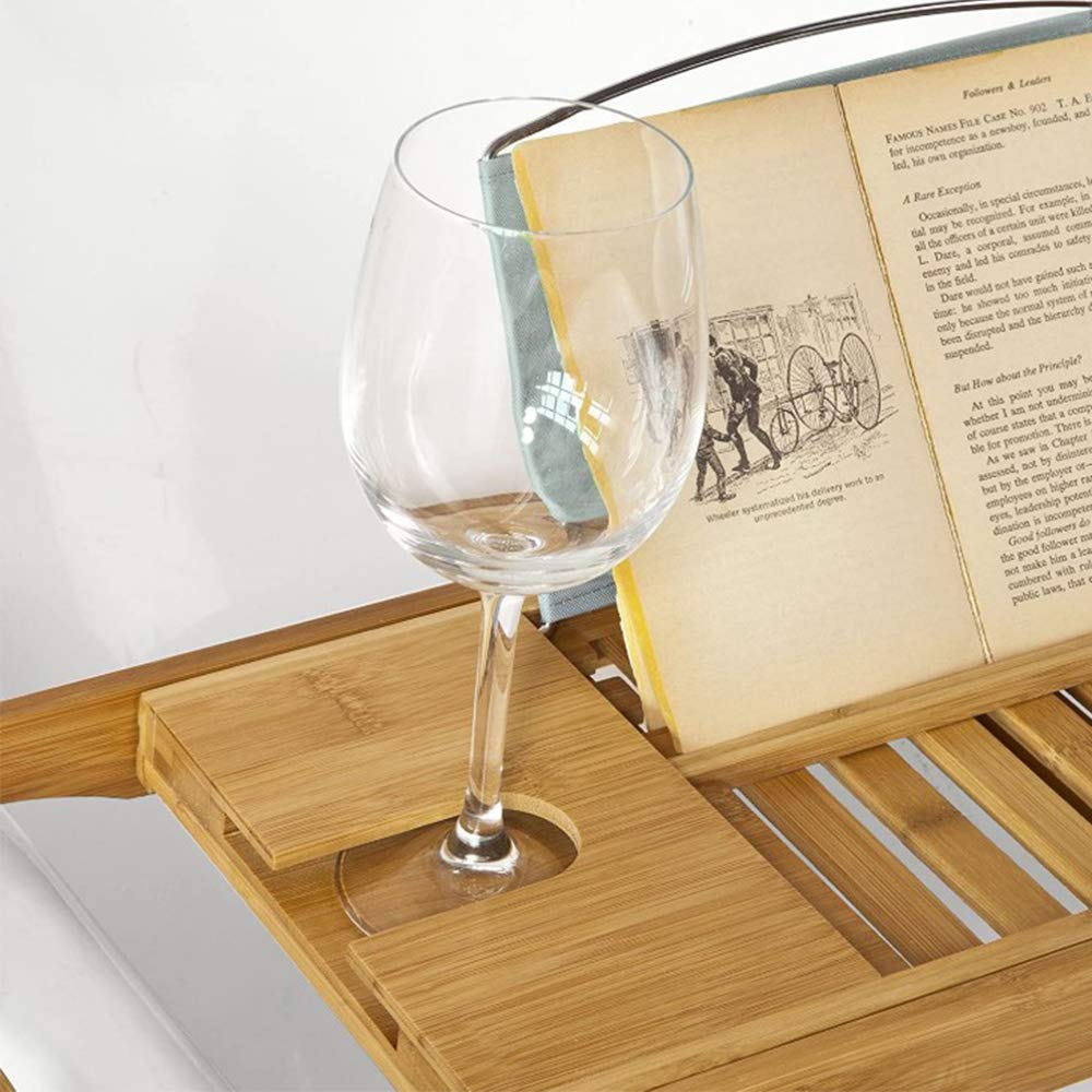 OHMG Panier de Bain Extensible,Plateau de Bain Réglable en Bambou Naturel avec Porte-vin Durable+Plateau,Planche de Bain en Bois de Luxe,Pont de Baignoire Extensible (B-70-105cm*22 * 4cm)