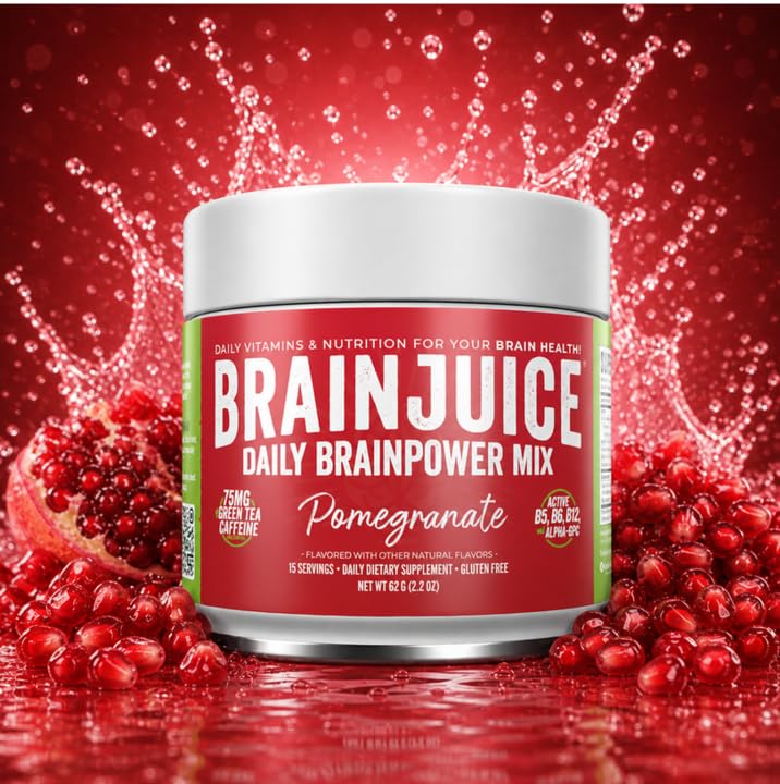 Image of BrainJuice Nootropics Brain Support Supplement, Gluten Free Powder for Energy and Focus, Drink Mix with L Theanine, Alpha GPC, Vitamin B, Organic Green Tea Extract (Pomegranate)