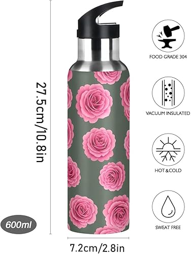Miniatura 9 de BPA-Free Sport Water Bottle Insulated 32 Oz, Insulated Water Bottle for Gym Outdoor Travel School, Vibrant Pink Roses