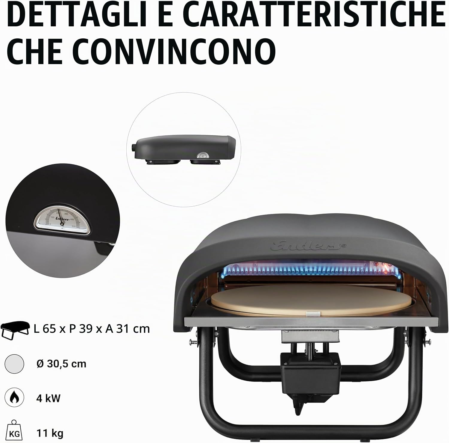 Enders Forno Pizza a Gas Paco Rotate da Esterno, Pietra per Pizza Ø 30,5 cm in cordierite inclusa, Termometro integrato e Bruciatore in Acciaio Inox regolabile, 30 mbar, 65 x 39 x 31 cm, #3131633