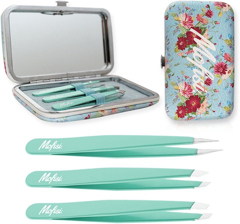 Tweezers Set Eyebrow Tweezers Slanted Pointed Flat Tweezers With Mirror 3 Pairs Leather Case Metal Clasp by Mofisi Ltd.