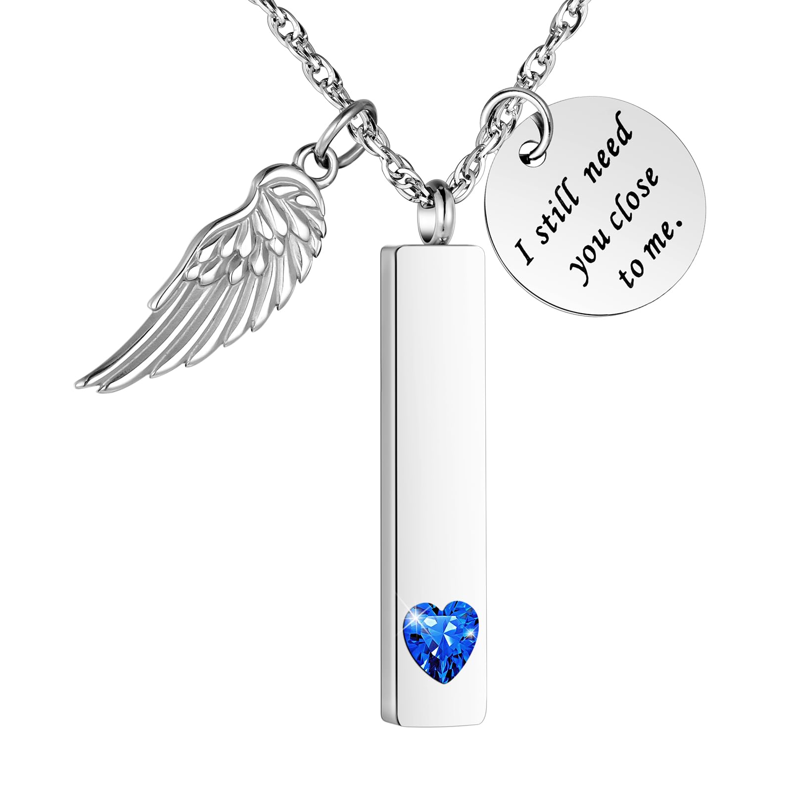 XIUDA Cremation Jewelry for Ashes with Angel Wing Charm Vertical Bar Urn Necklace Stainless Steel Memorial Keepsake Pendant for Women