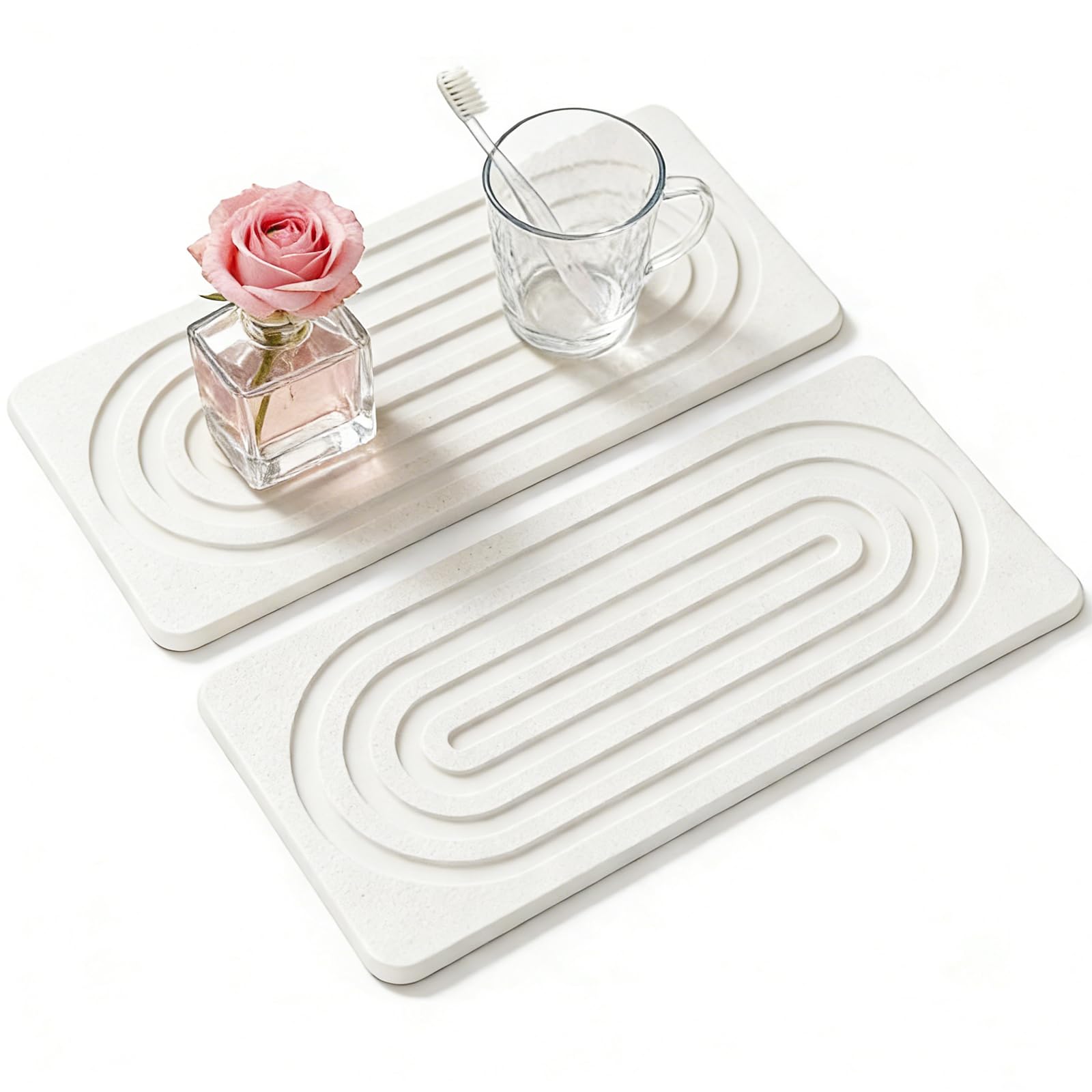 2 PCS Water Absorbing Diatomite Coasters, Stone Drying Mat for Kitchen Counter, Quick Dry Stone Mat Trays for Bathroom Kitchen Counter, Soap Dish Tray Used for Hand Soaps (White, 8.3" x 4")