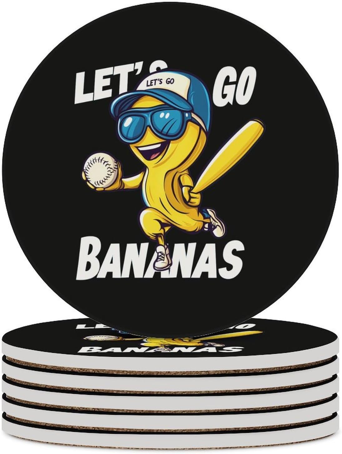 Let's Go Bananas Baseball-1 Coasters for Drink Round Ceramic Coaster with Cork Base Home Decorative 6PCS