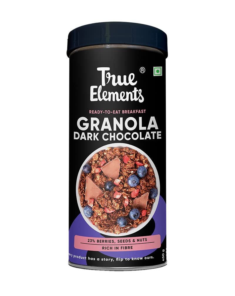 True Elements Chocolate Granola (30% Extra 350g+100g =450g) - with 100% Dark Chocolate, Almonds & Real Whole Cranberries, Cereal for Breakfast