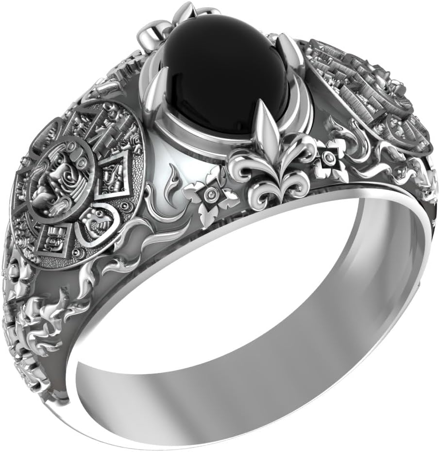 925 Sterling Silver Onyx Tribal Aztec Mayan Calendar Ring Size 6-15