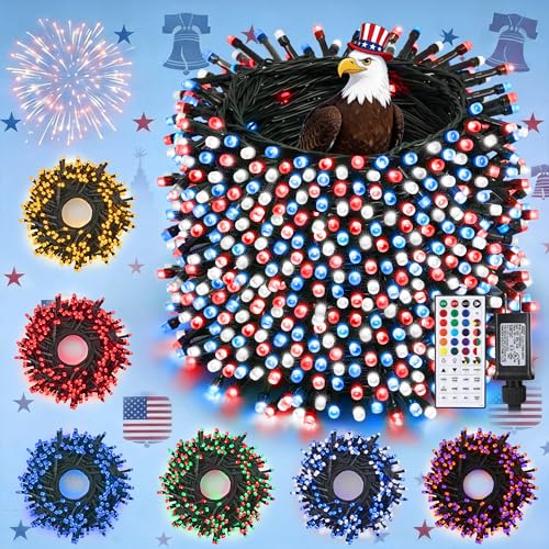 Toodour 4th of July String Lights, 115ft 350 LED RGB Color Changing String Lights with Remote & Timer, Waterproof Red White and Blue Lights for Home Yard Holiday Tree Party Indoor Outdoor Decoration