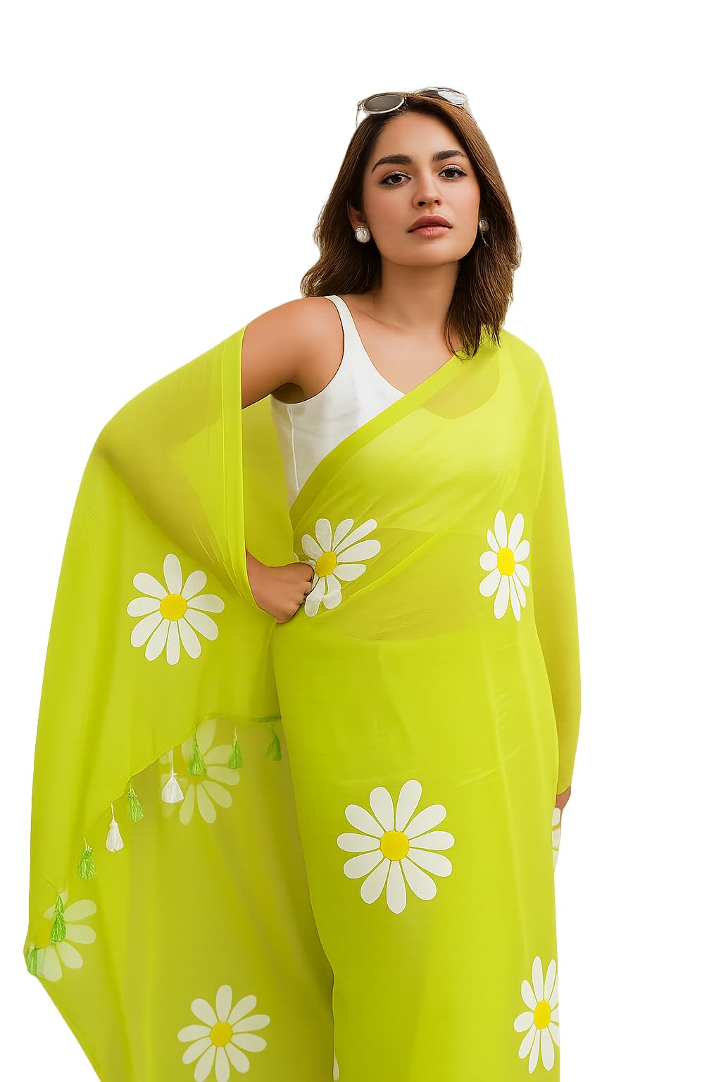 Lime Green Organza Daisy Print Saree-image-19