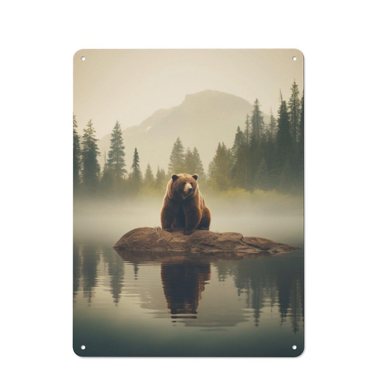 Junmoney Bear On A Lake In The Fog Tin Wall Plaque 40X30cm With For Hobby Room Or Studio, For Updating Hobby Room And Studio After Moving