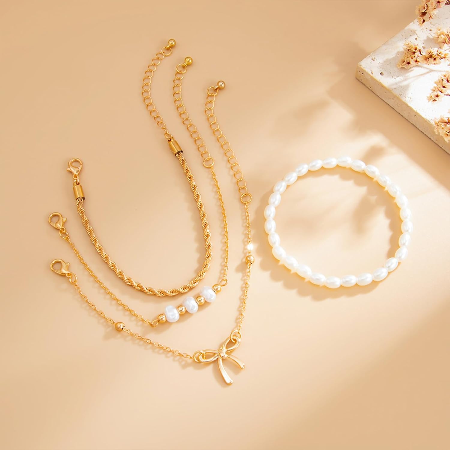 Bow Bracelet for Women Adjustable Gold Pearl Twisted Chain Beaded Stackable Bracelets Trendy Jewelry Gifts - Image 5