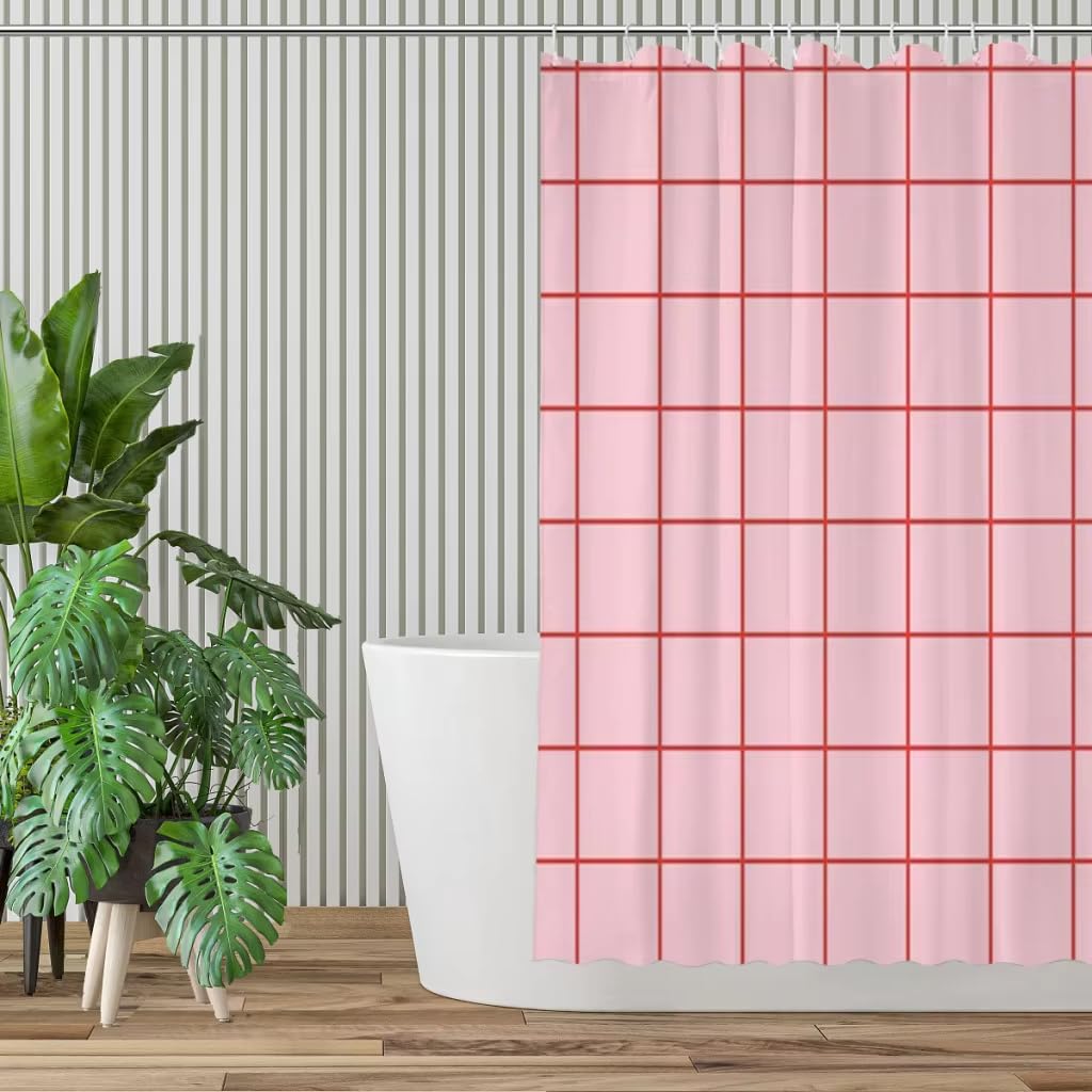 Cortina de Ducha 200x200 Estampado de Cuadros,Moderna Cortina de Baño con Cuadrícula Geométrica Rosa,Impermeable,Duradera y Lavable a Máquina para Baños,Duchas y Bañeras. 200Anx200Al cm (1 Pa
