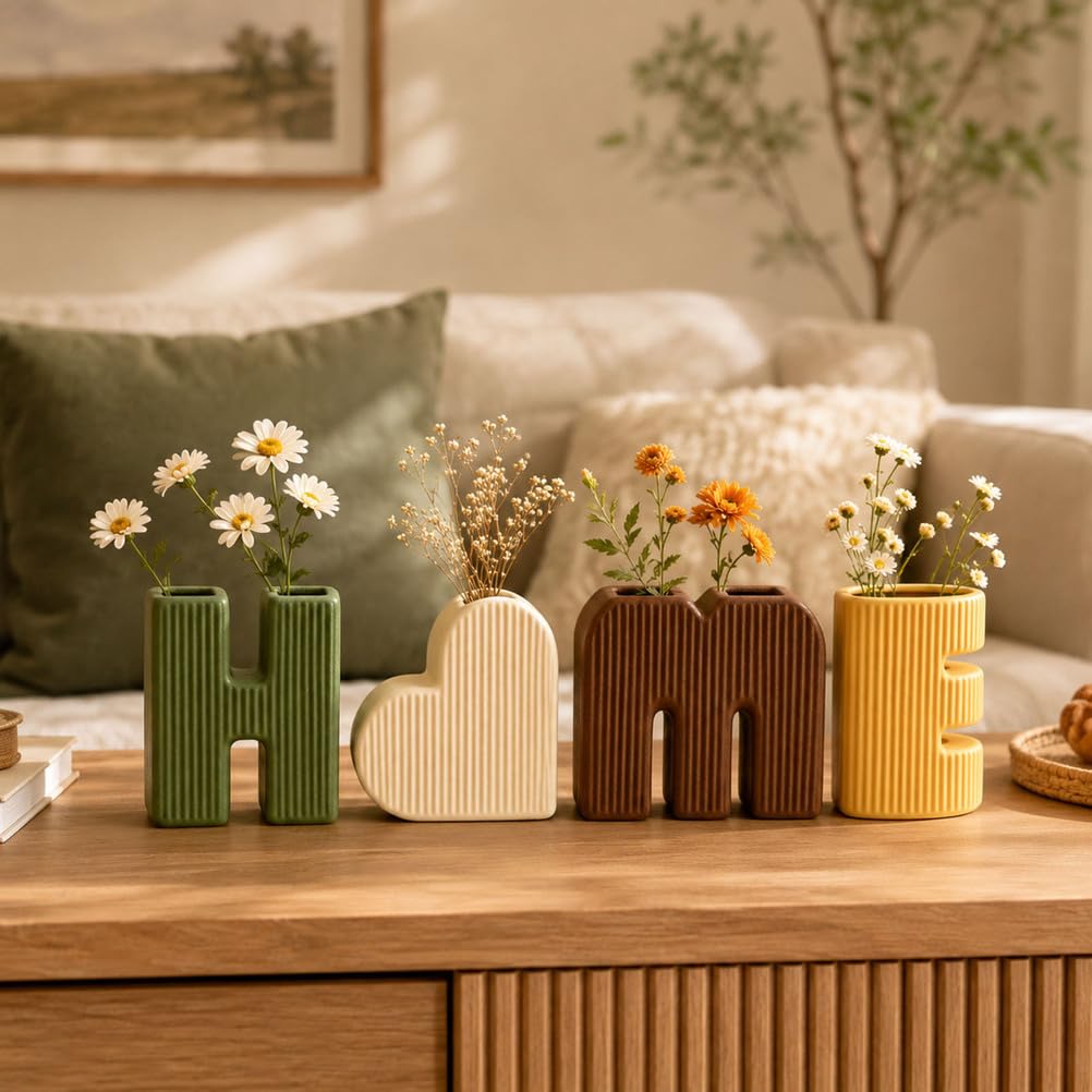Keramik Deko Vasen 4er Set Home Form Moderne Blumenvasen | Boho Nordisch Wohnzimmer Couchtisch Regal Büro Eingangsbereich Bauernhaus Tischdeko Wohnaccessoire Dekorativ Minimalistisch