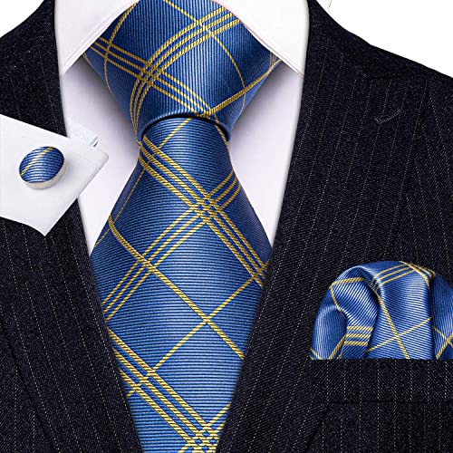 Image of Barry.Wang Tie Sets for Men Silk Stripe Necktie Woven Checkered Handkerchief Cufflinks Formal Business Wedding