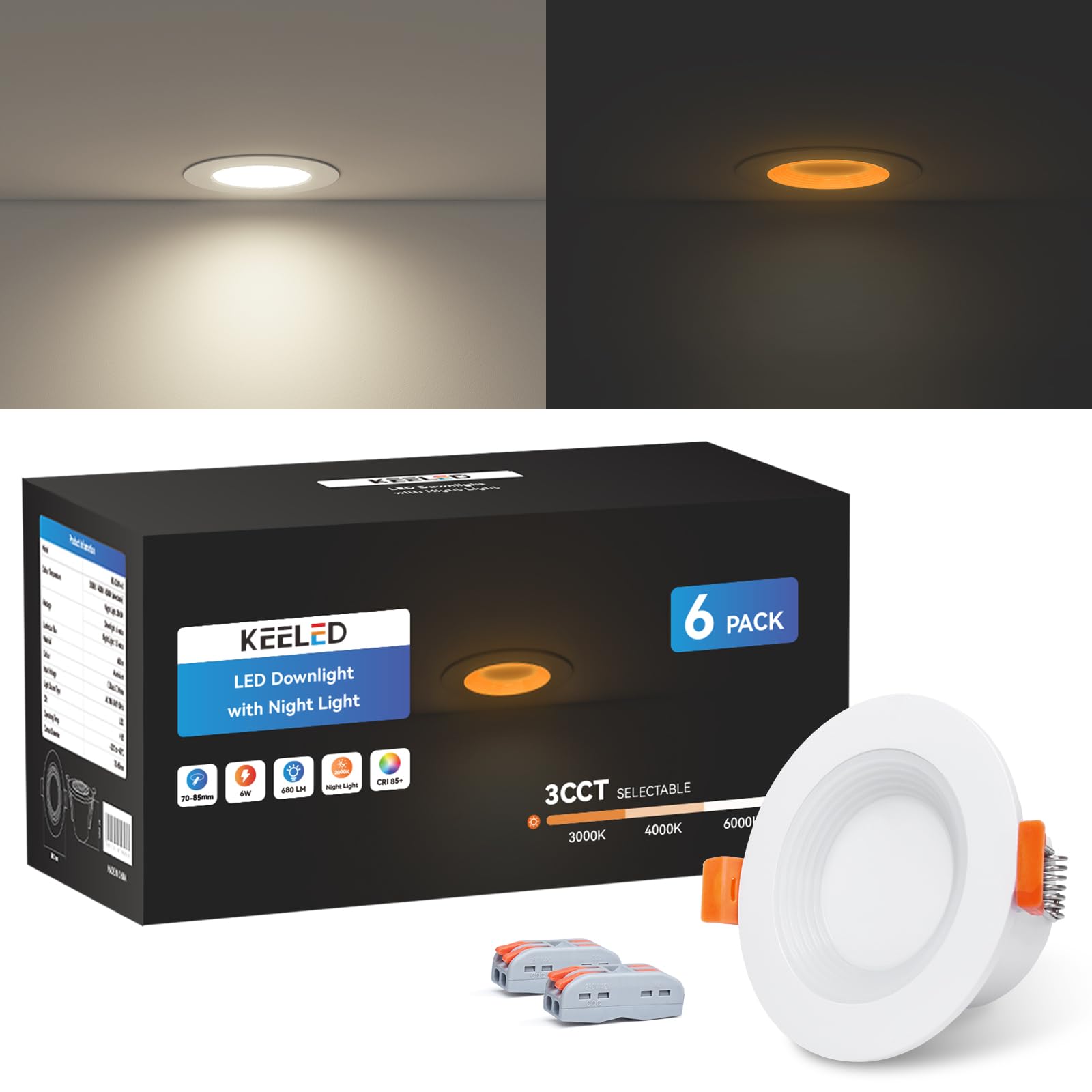 KEELED Faretti LED da Incasso per Cartongesso con Luce Notturna, 6W, 3 Colori Selezionabili 3000K/4000K/6000K, 230V, Foro 70-85mm, Confezione da 6