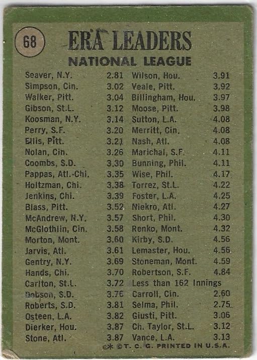 Tom Seaver, Wayne Simmons & Luke Walker 1970 National League ERA LeadersVintage Collectible Baseball Card - 1970 Topps Baseball Card #68 (Mets, Reds & Pirates)